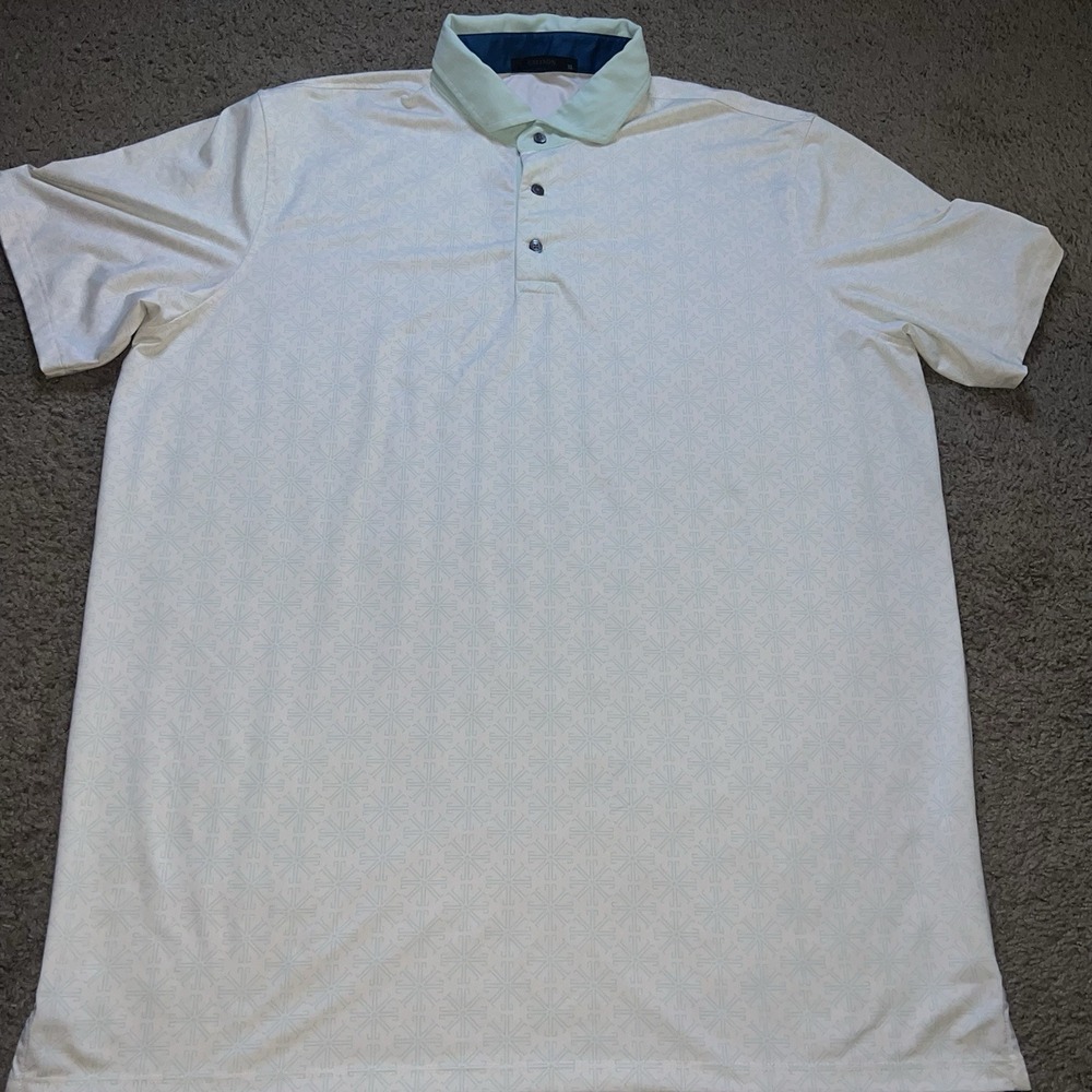 Greyson Mens XL Golf Polo Shirt White Mint Collar Snowflake Geometric Pattern - Picture 2 of 6